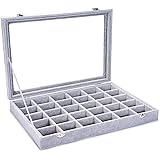 BASUWELL 30 Grids Velvet Glass Jewellery Ring Bracelet Display Organiser Case Holder Earrings Storage Box