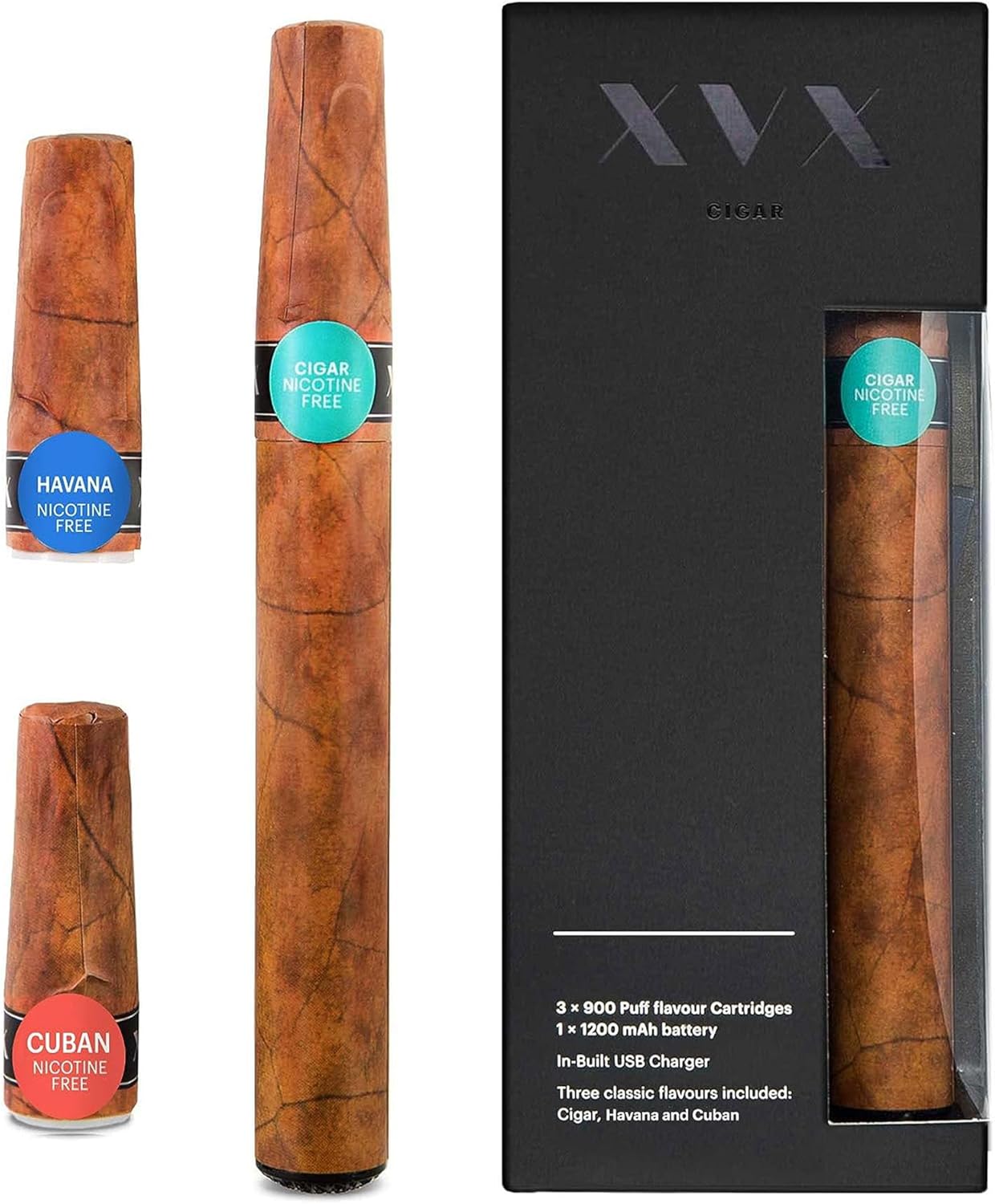 XVX Cigar - Electronic Cigarettes - Rechargeable - includes Prefilled Flavour Cartridges - Cigar - Cuban - Havana - 900 Puffs - USB Charger & Flavour Changing - E Cigarette Shisha - Nicotine Free-0