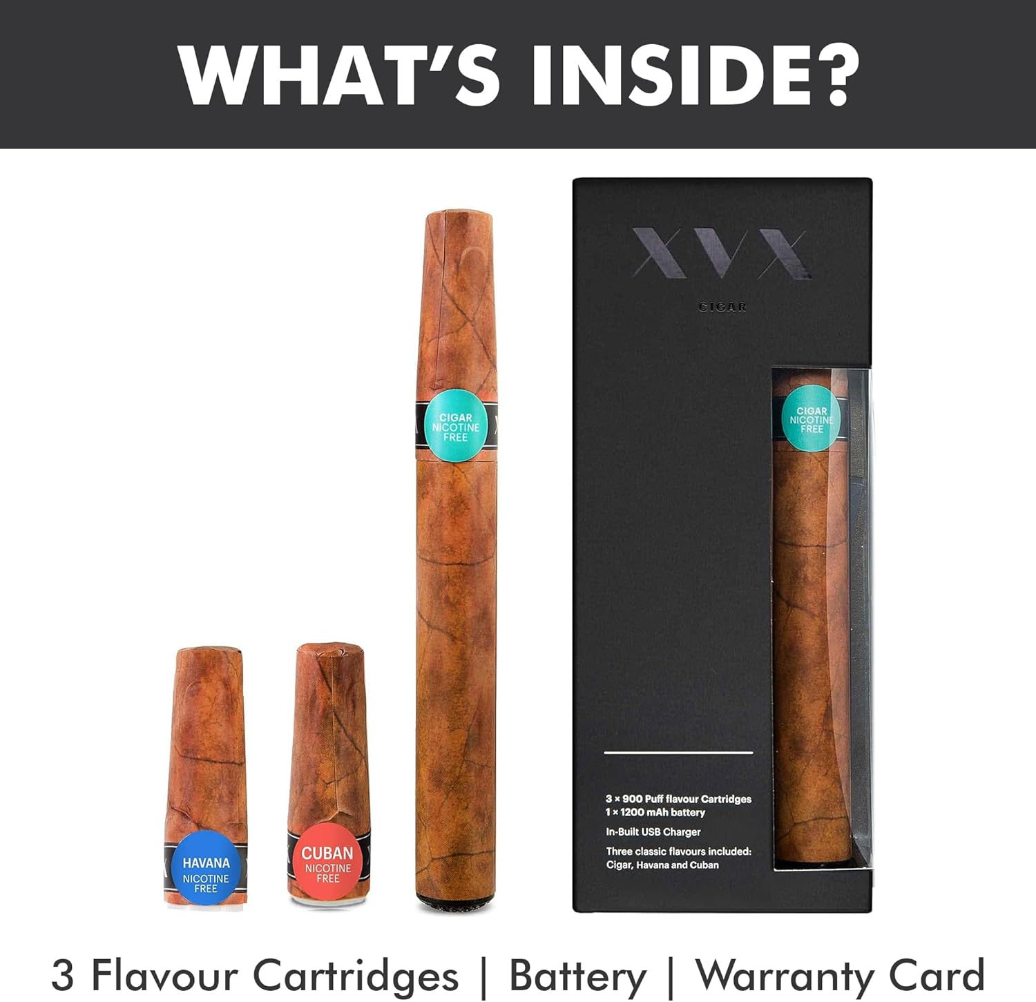 XVX Cigar - Electronic Cigarettes - Rechargeable - includes Prefilled Flavour Cartridges - Cigar - Cuban - Havana - 900 Puffs - USB Charger & Flavour Changing - E Cigarette Shisha - Nicotine Free-1