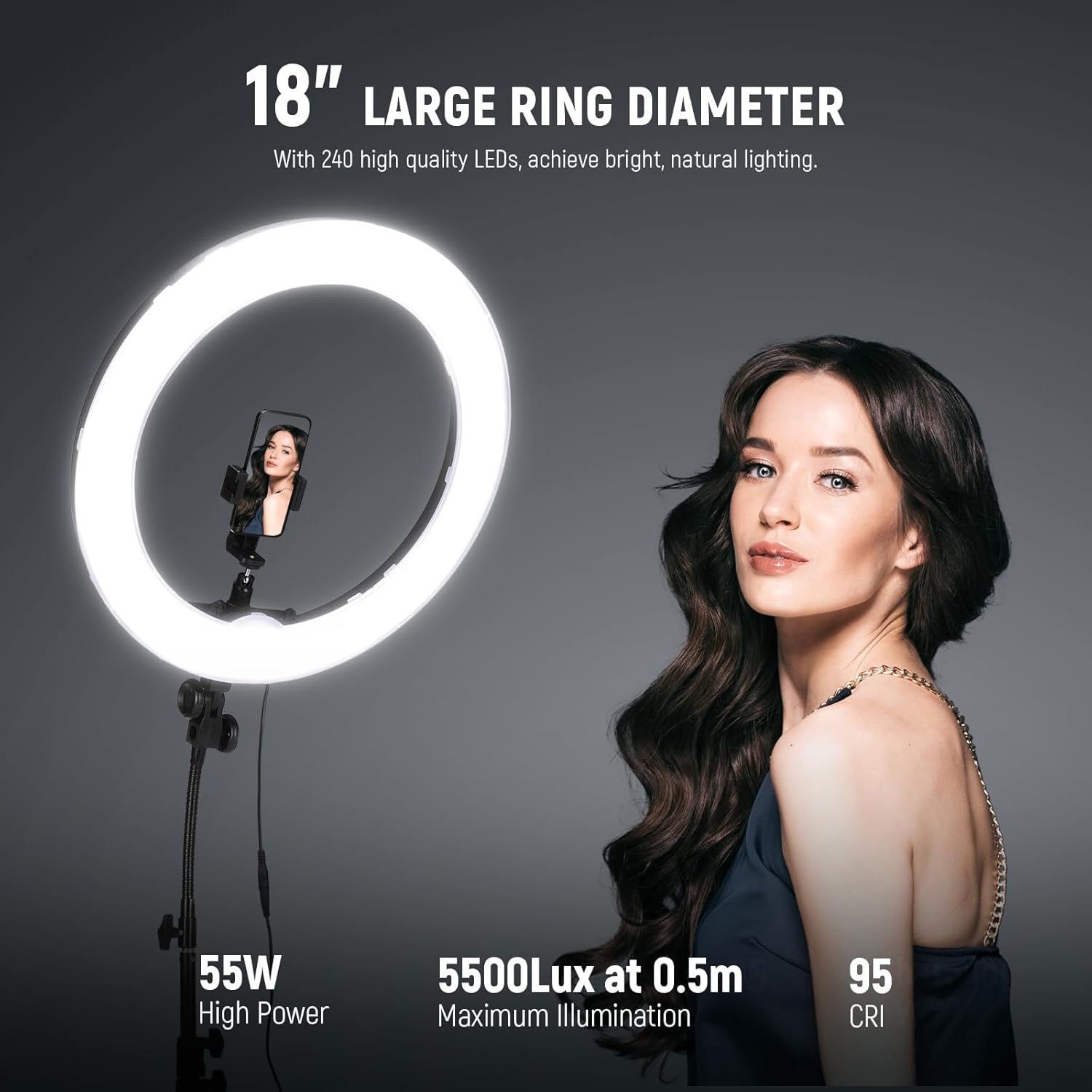 NEEWER Ring Light Kit: 18"/45cm Outer 55W 5600K Dimmable LED Ring Light, Light Stand, Carrying Bag for Camera, Smartphone, YouTube, TikTok, Self Portrait Shooting, Black-1