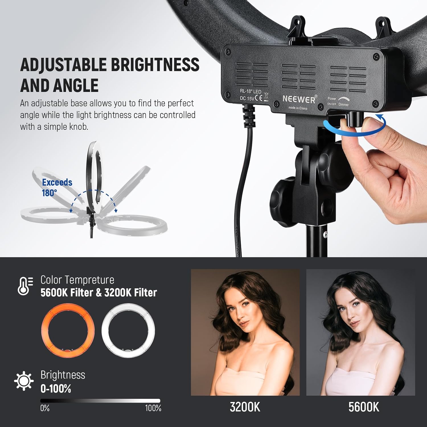 NEEWER Ring Light Kit: 18"/45cm Outer 55W 5600K Dimmable LED Ring Light, Light Stand, Carrying Bag for Camera, Smartphone, YouTube, TikTok, Self Portrait Shooting, Black-2