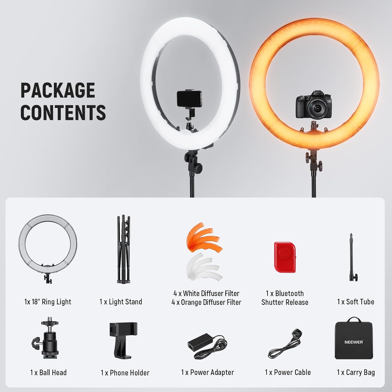 NEEWER Ring Light Kit: 18"/45cm Outer 55W 5600K Dimmable LED Ring Light, Light Stand, Carrying Bag for Camera, Smartphone, YouTube, TikTok, Self Portrait Shooting, Black-8