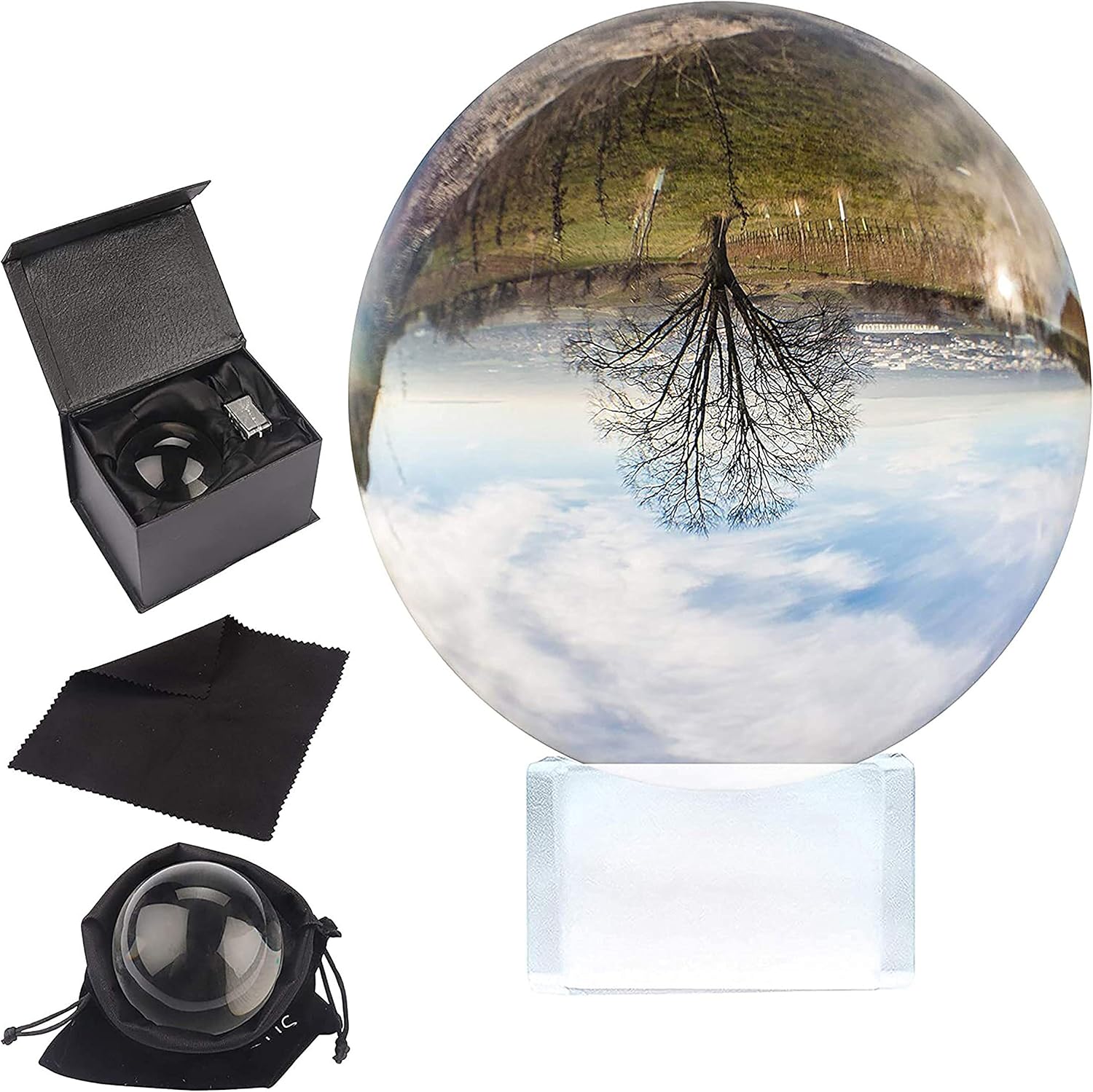 Belle Vous K9 Crystal Ball 100mm - 10cm Photography Ball with Crystal Stand, Velvet Pouch, Microfiber Cloth and Gift Box - Clear Lens Sphere for Photos - Glass Ball Globe also for Meditation & Healing-0