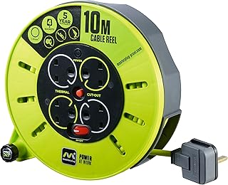 Masterplug Pro-XT Four Socket Medium Cassette Cable Reel with Winding Handle, Thermal Cut Out and Power Switch, 10 Metres, High Visibility Cable, Green