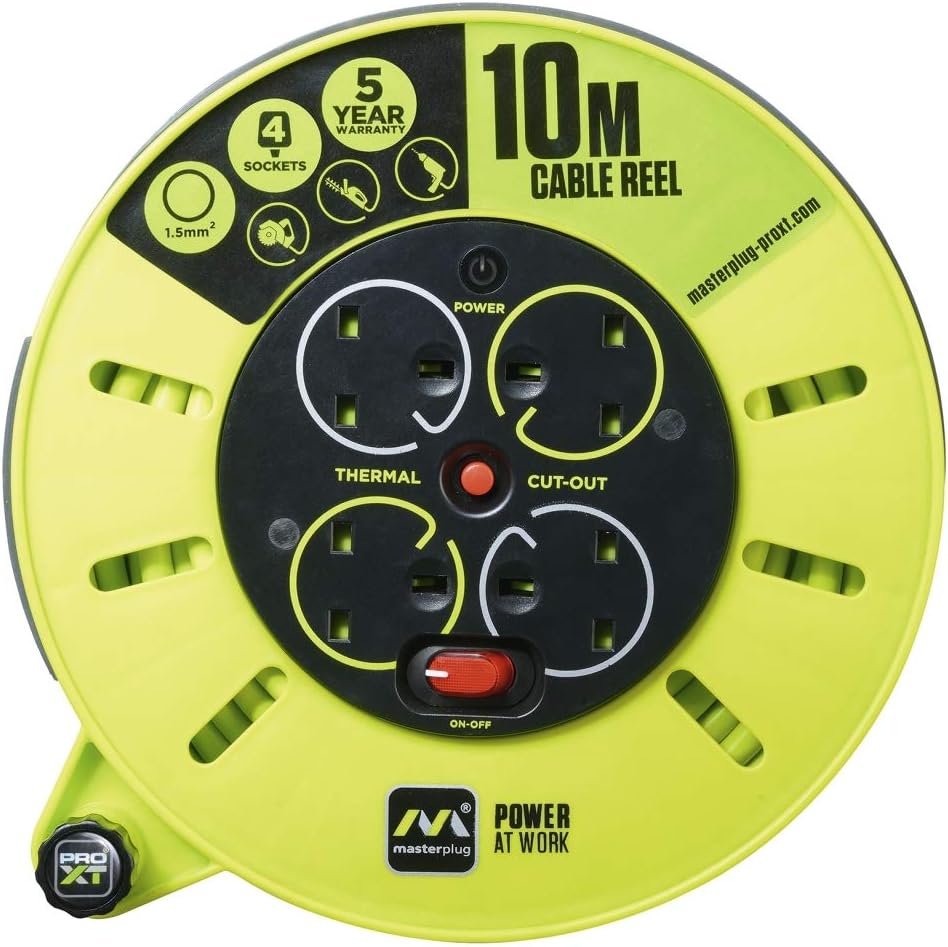 Masterplug Pro-XT Four Socket Medium Cassette Cable Reel with Winding Handle, Thermal Cut Out and Power Switch, 10 Metres, High Visibility Cable, Green-2