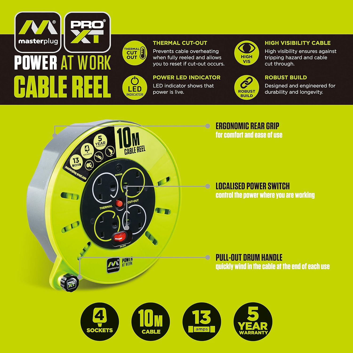 Masterplug Pro-XT Four Socket Medium Cassette Cable Reel with Winding Handle, Thermal Cut Out and Power Switch, 10 Metres, High Visibility Cable, Green-3