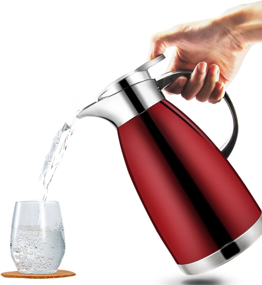 Haosens 1.8 Litre Stainless Steel Coffee Carafe Double Walled Vacuum Insulated Coffee Jug Thermal Jug (Red)-2