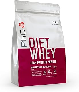 PhD Nutrition Diet Whey High Protein Lean Matrix, Raspberry and White Chocolate Diet Whey Protein Powder, 16g of Protein, 40 Servings Per 1 kg Bag