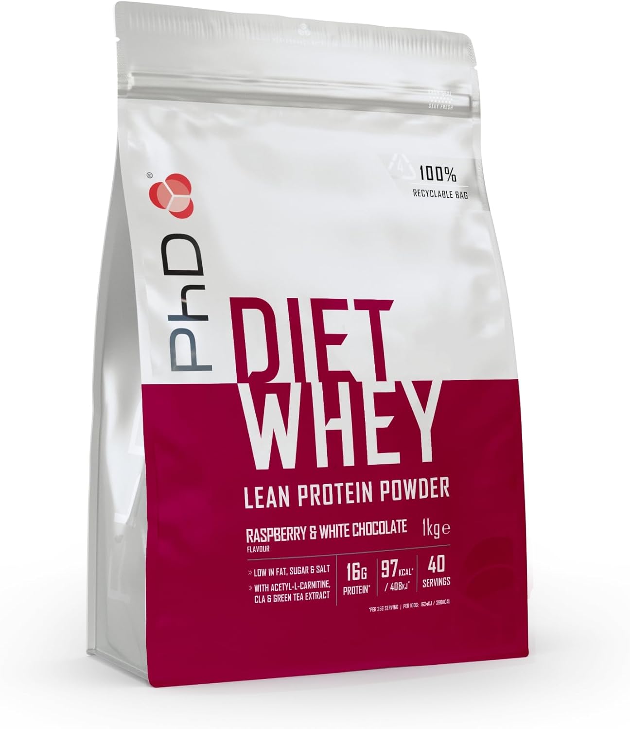 PhD Nutrition Diet Whey High Protein Lean Matrix, Raspberry and White Chocolate Diet Whey Protein Powder, 16g of Protein, 40 Servings Per 1 kg Bag-0