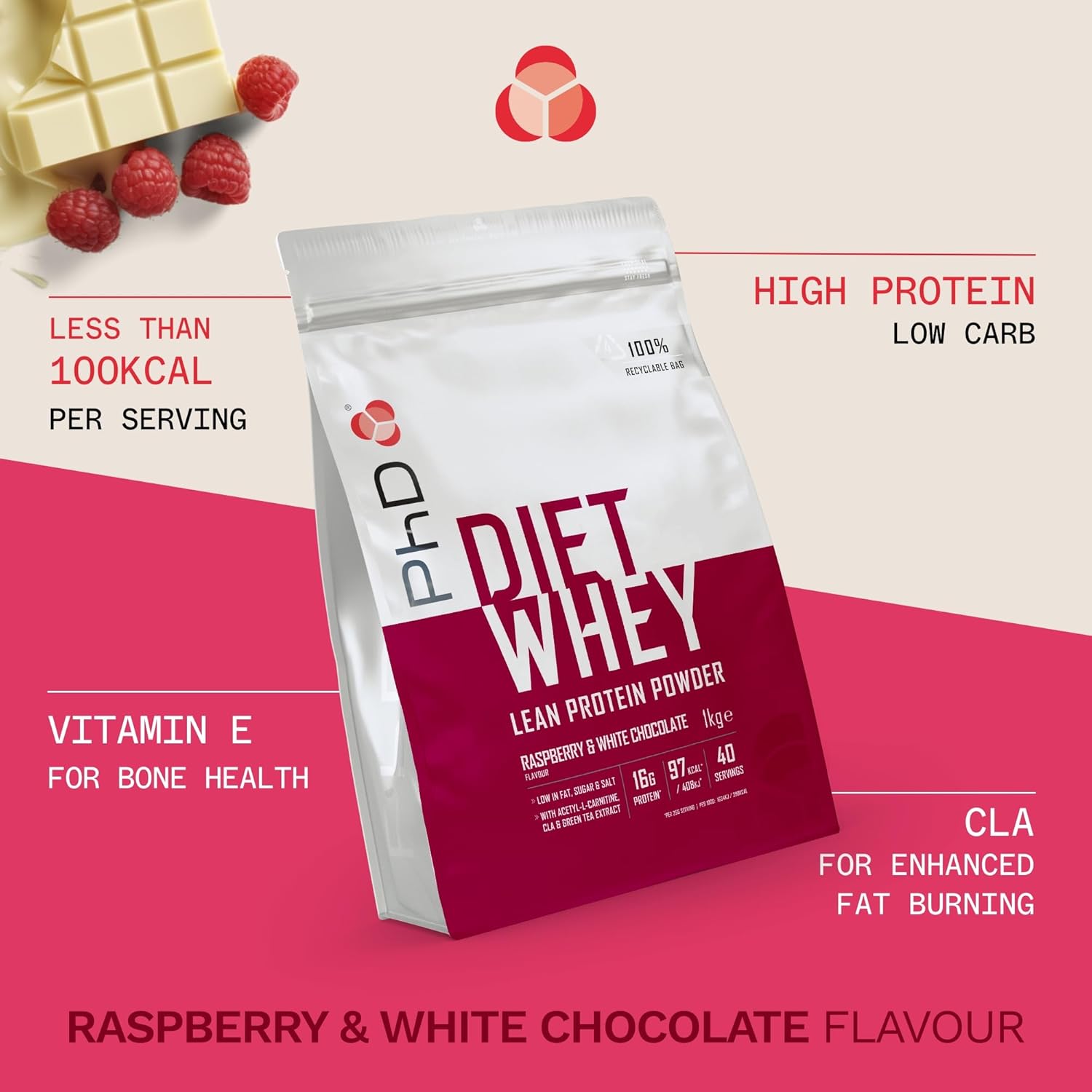 PhD Nutrition Diet Whey High Protein Lean Matrix, Raspberry and White Chocolate Diet Whey Protein Powder, 16g of Protein, 40 Servings Per 1 kg Bag-1