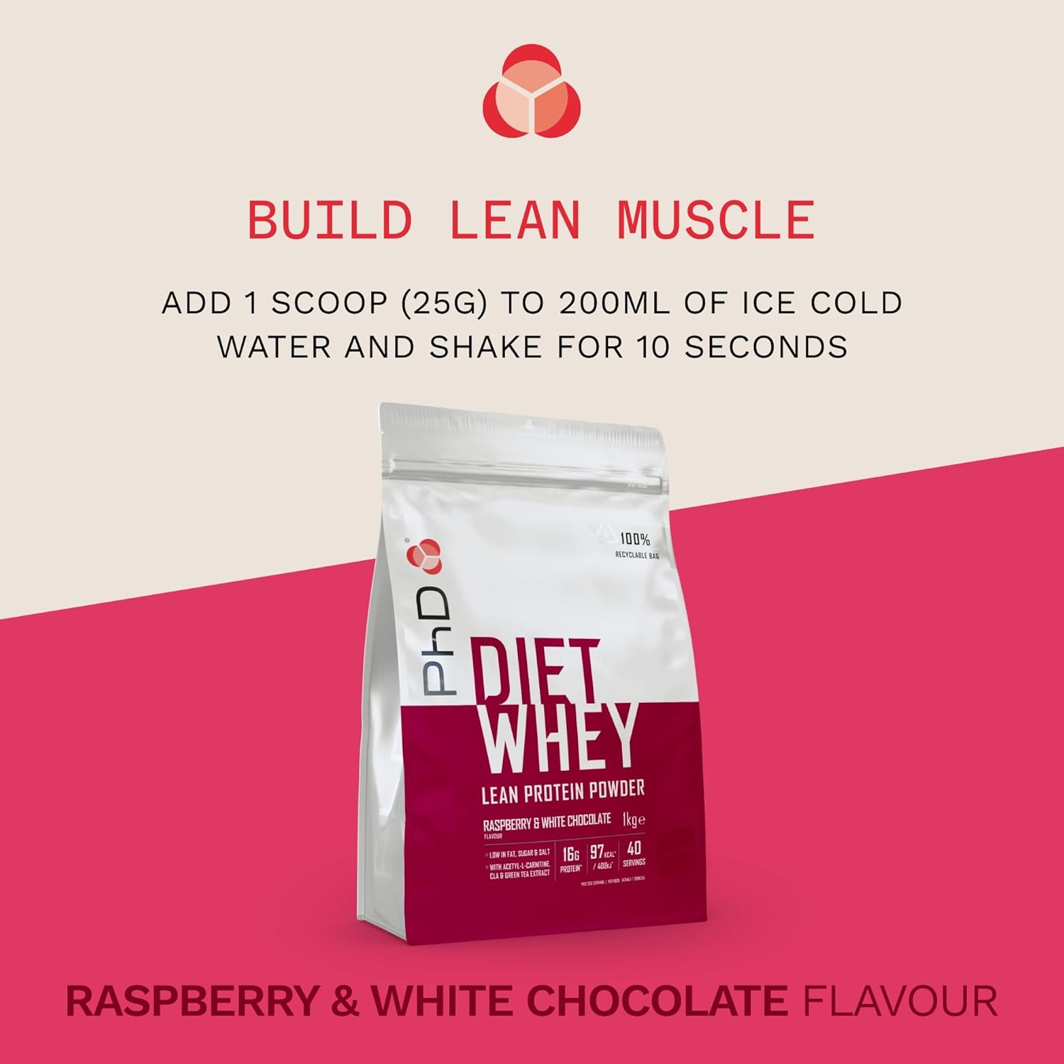 PhD Nutrition Diet Whey High Protein Lean Matrix, Raspberry and White Chocolate Diet Whey Protein Powder, 16g of Protein, 40 Servings Per 1 kg Bag-2