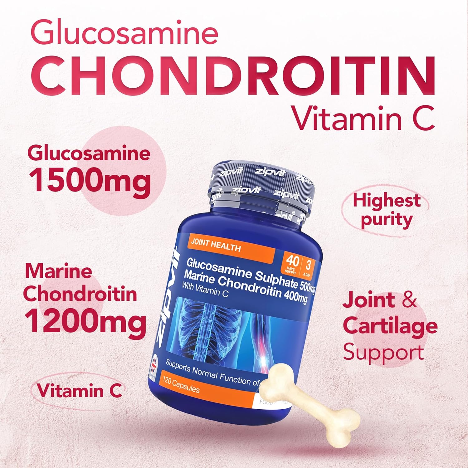 Zipvit Glucosamine and Chondroitin High Strength, 120 Capsules with Vitamin C, Supports Cartilage, Joint Health, Bone Health, Immunity, 1500mg Glucosamine, 1200mg Marine Chondroitin-1