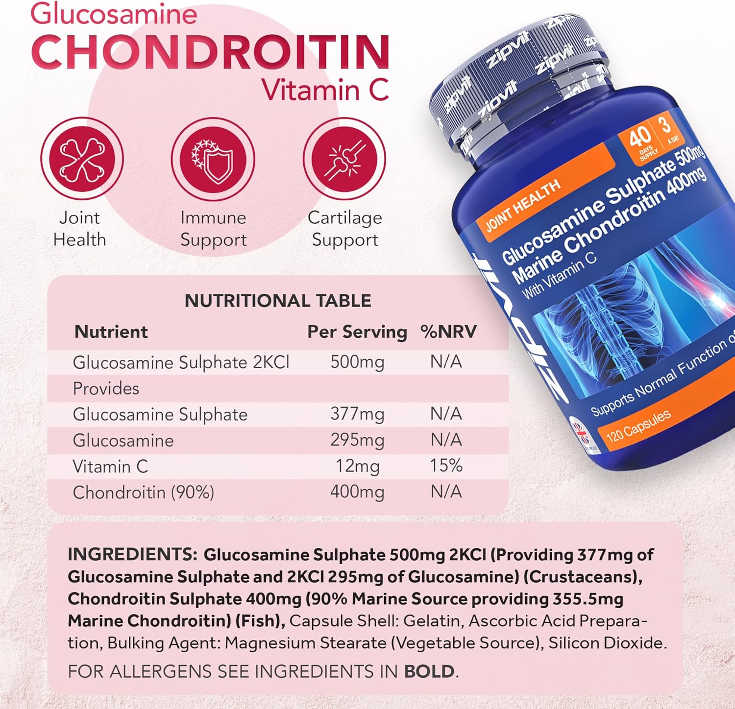 Zipvit Glucosamine and Chondroitin High Strength, 120 Capsules with Vitamin C, Supports Cartilage, Joint Health, Bone Health, Immunity, 1500mg Glucosamine, 1200mg Marine Chondroitin-4