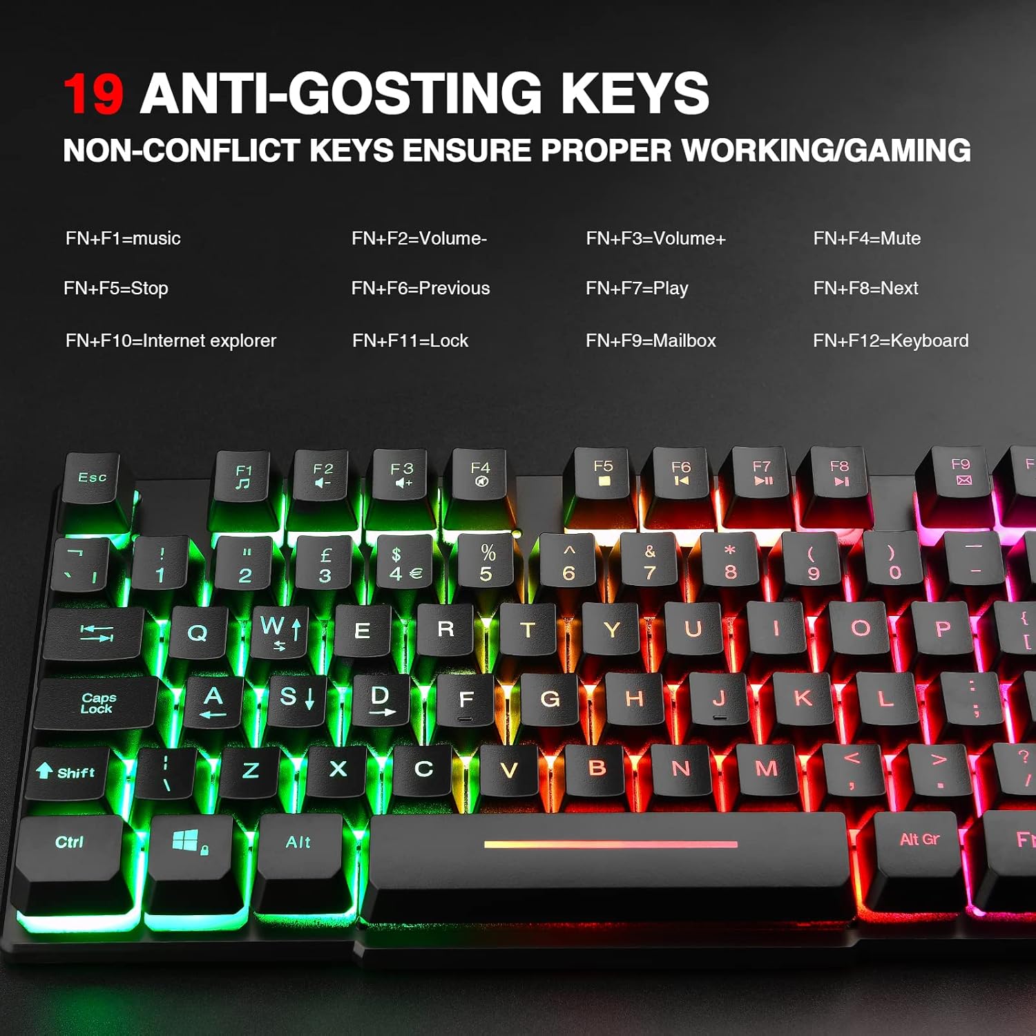 Rii Gaming Keyboard, RK100 Plus Rainbow LED Backlit Keyboard Mechanical Feeling,USB Wired Keyboard for Working Gaming (UK Layout)-3