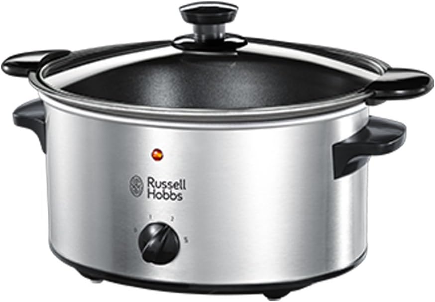 Russell Hobbs 3.5L Stainless Steel Electric Slow Cooker - Cooks upto 4 portions, 3 heat settings, high/low/keep warm, Removable ceramic pot for easy cleaning, Glass lid, Energy saving, 160W, 23200-0