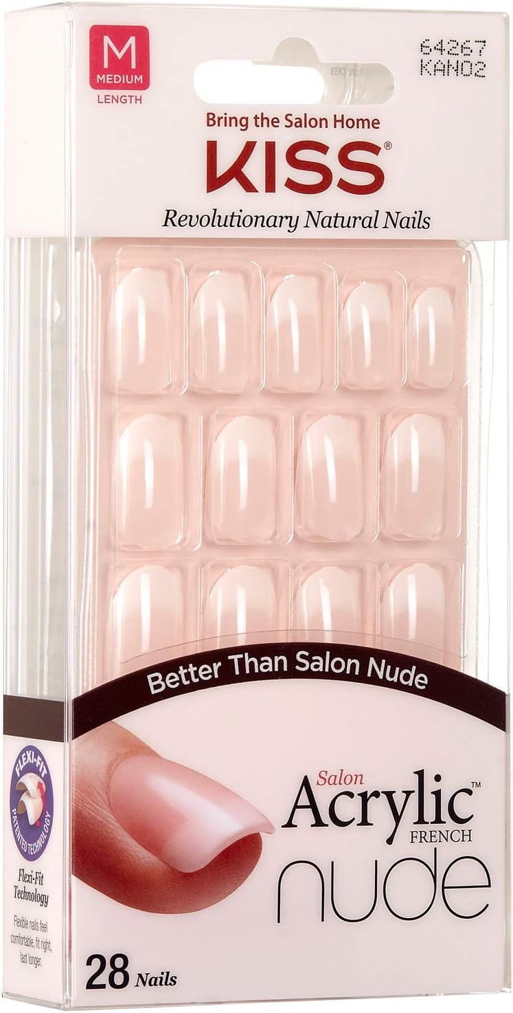 KISS Salon Acrylic French Nude Collection, Graceful, Medium Length Nude Fake Nails, Includes 28 False Nails, Nail Glue, Nail File, and Manicure Stick (Packing May Vary)-1