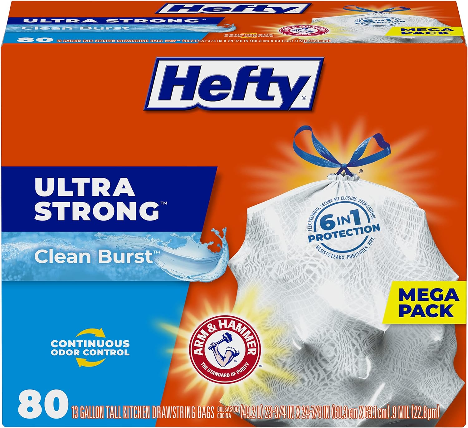 Hefty Ultra Strong Trash Bags (Clean Burst, Tall Kitchen Drawstring, 13 Gallon, 80 Count)-0