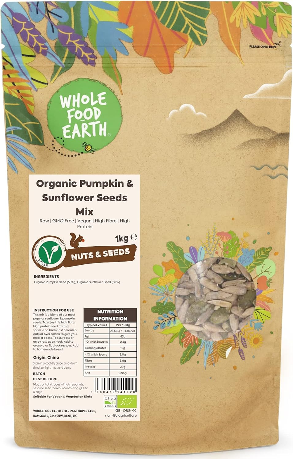 Wholefood Earth Organic Pumpkin & Sunflower Seeds Mix 1kg Raw | GMO Free | Vegan | High Fibre | High Protein | Certified Organic-0