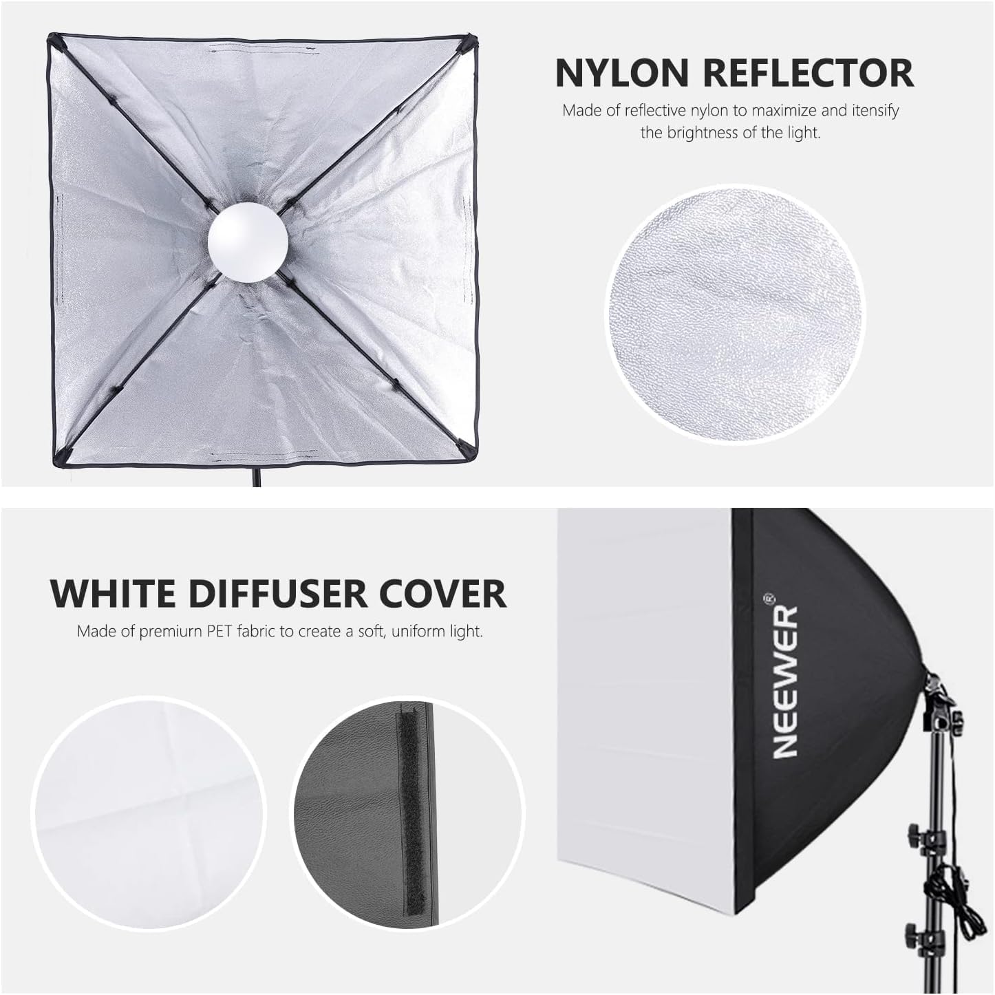 NEEWER 700W Equivalent Softbox Lighting Kit, 2Pack 5700K LED Lighting Bulbs, 24x24 inches Softboxes with E27 Socket, Photography Continuous Lighting Kit Photo Studio Equipment-3