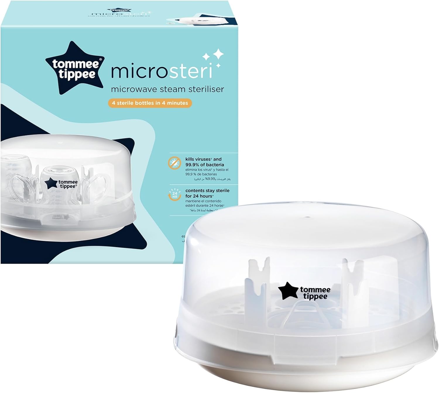 Tommee Tippee Microsteri Microwave Steam Steriliser for Baby Bottles and Accessories, Kills Viruses and 99.9 Percent of Bacteria, 4-Minute Sterilisation Cycle-1