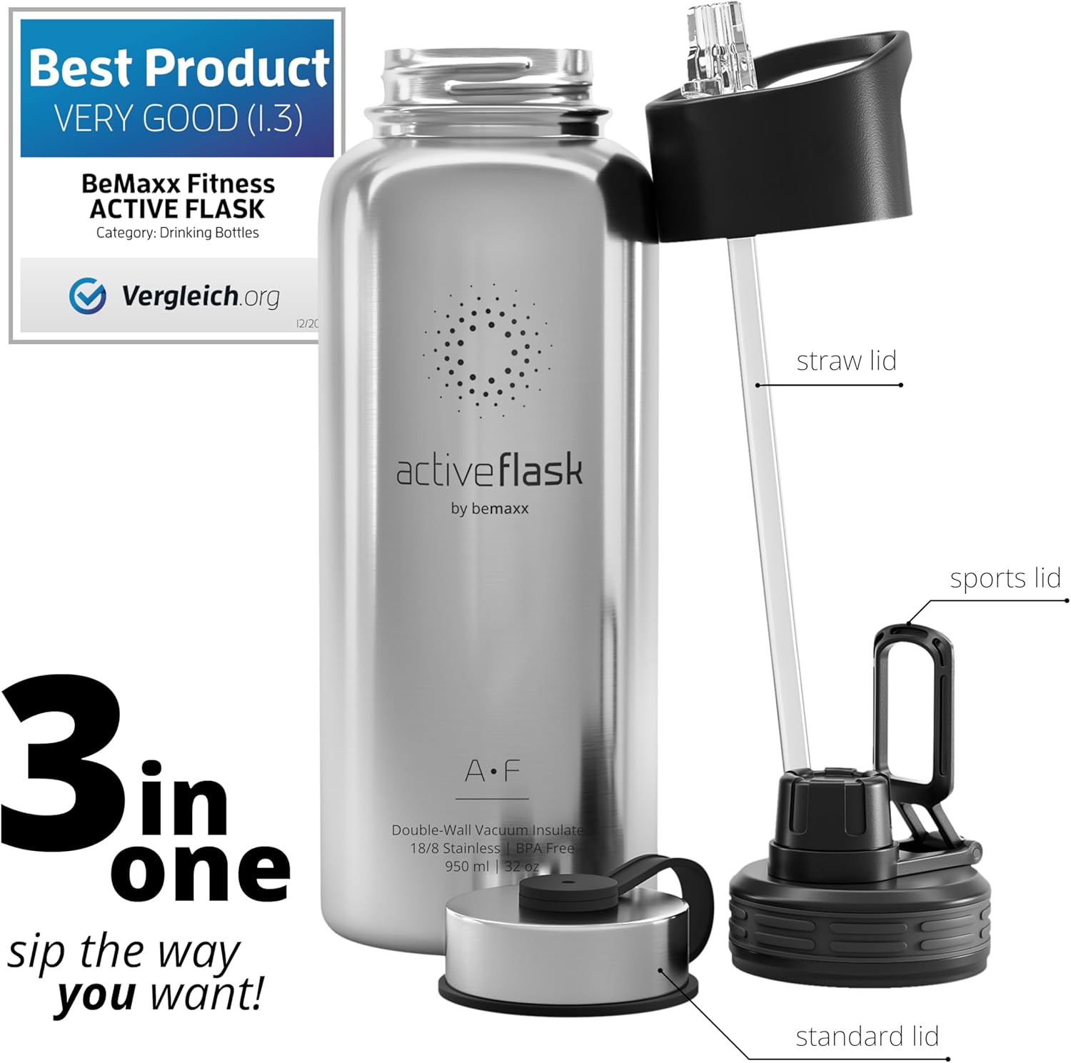 Stainless Steel Water Bottle with Straw & 3 Lids: 1 & 0,5L Leak-Proof BPA-Free Vacuum Insulated ACTIVE FLASK Drinking Bottles Hot Cold: Double Walled Outdoor Drink Thermo Mug Tea Coffee Sport Gym Bike-1