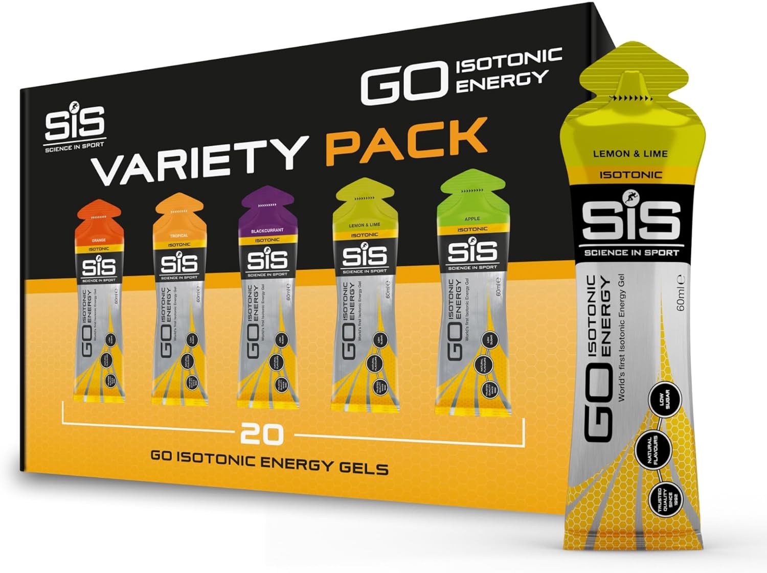 Science In Sport GO Isotonic Energy Gels, Running Gels with 22g Carbohydrates, Low Sugar, Variety Pack of Assorted Flavours, 60ml Per Serving (20 Pack)-0