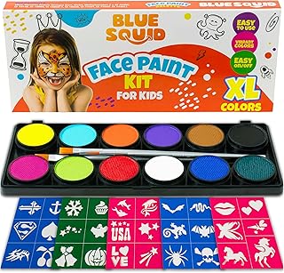 Blue Squid Face Painting Kit for Kids – Complete Face Paint Kit Palette, Stencils, 12 Colours - Safe for Sensitive Skin, Non Toxic Face Painting Kit Professional - Kids Party & Halloween Makeup Kit