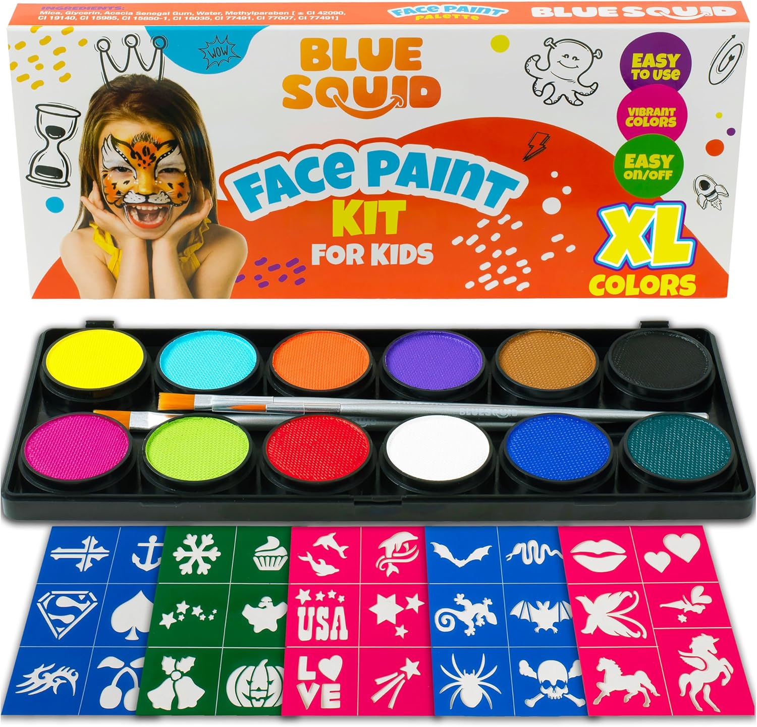 Blue Squid Face Painting Kit for Kids – Complete Face Paint Kit Palette, Stencils, 12 Colours - Safe for Sensitive Skin, Non Toxic Face Painting Kit Professional - Kids Party & Halloween Makeup Kit-0