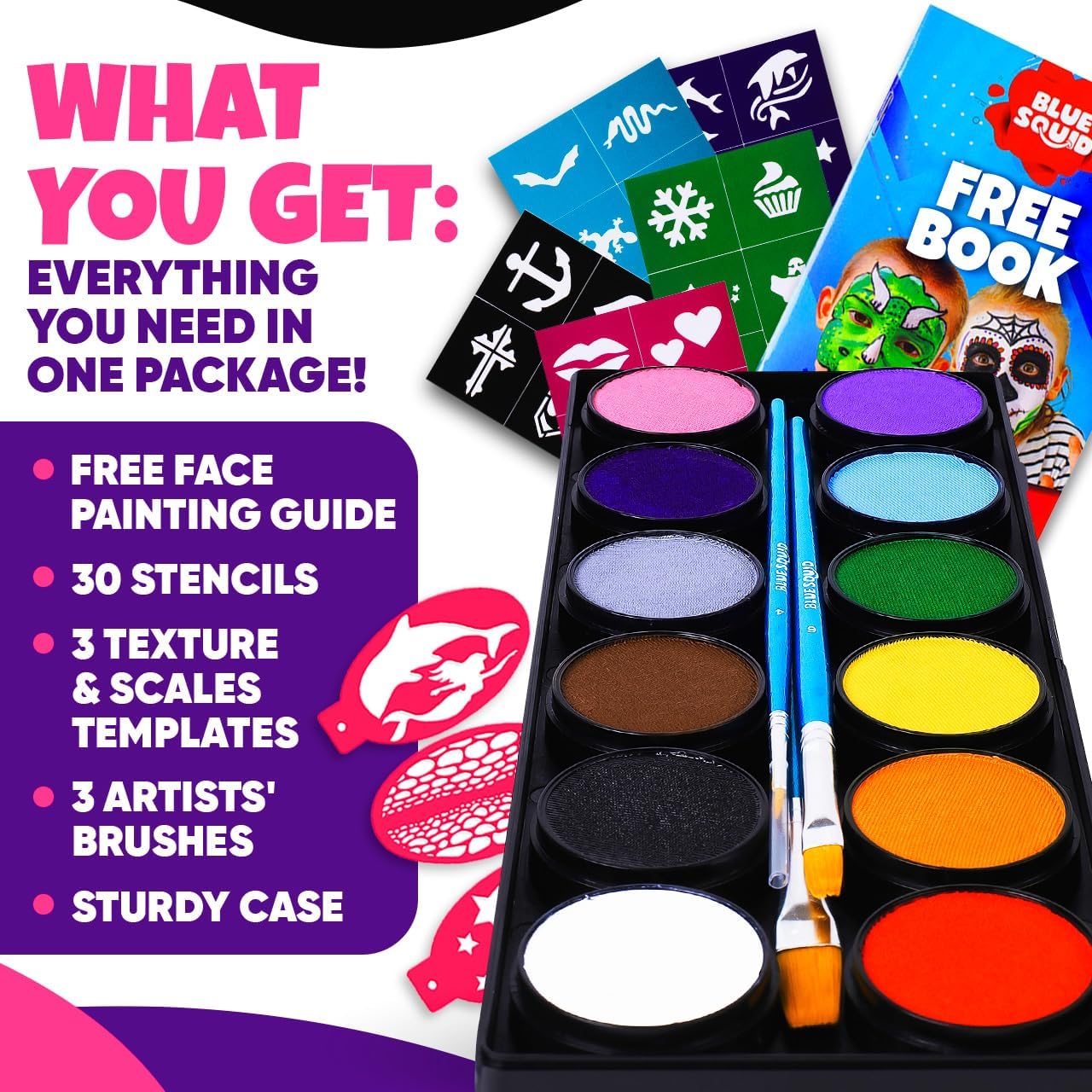 Blue Squid Face Painting Kit for Kids – Complete Face Paint Kit Palette, Stencils, 12 Colours - Safe for Sensitive Skin, Non Toxic Face Painting Kit Professional - Kids Party & Halloween Makeup Kit-2