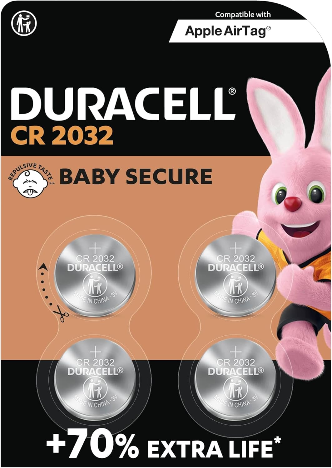 Duracell CR2032 Lithium Coin Batteries 3V (4 Pack) - Up to 70% Extra Life* - Baby Secure Technology – Recommended for use in Apple AirTag - Use in Key Fobs, Home Devices, Fitness, Medical Accessories-0