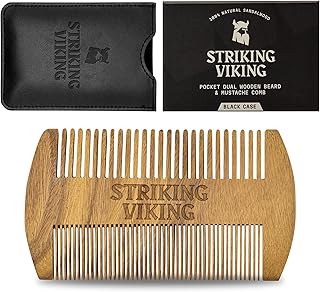 Sandalwood Beard Comb and Case - Pocket Sized Wooden Beard & Mustache Comb with Fine & Coarse Teeth - Perfect for Use with Balms and Oils - Striking Viking (Black)