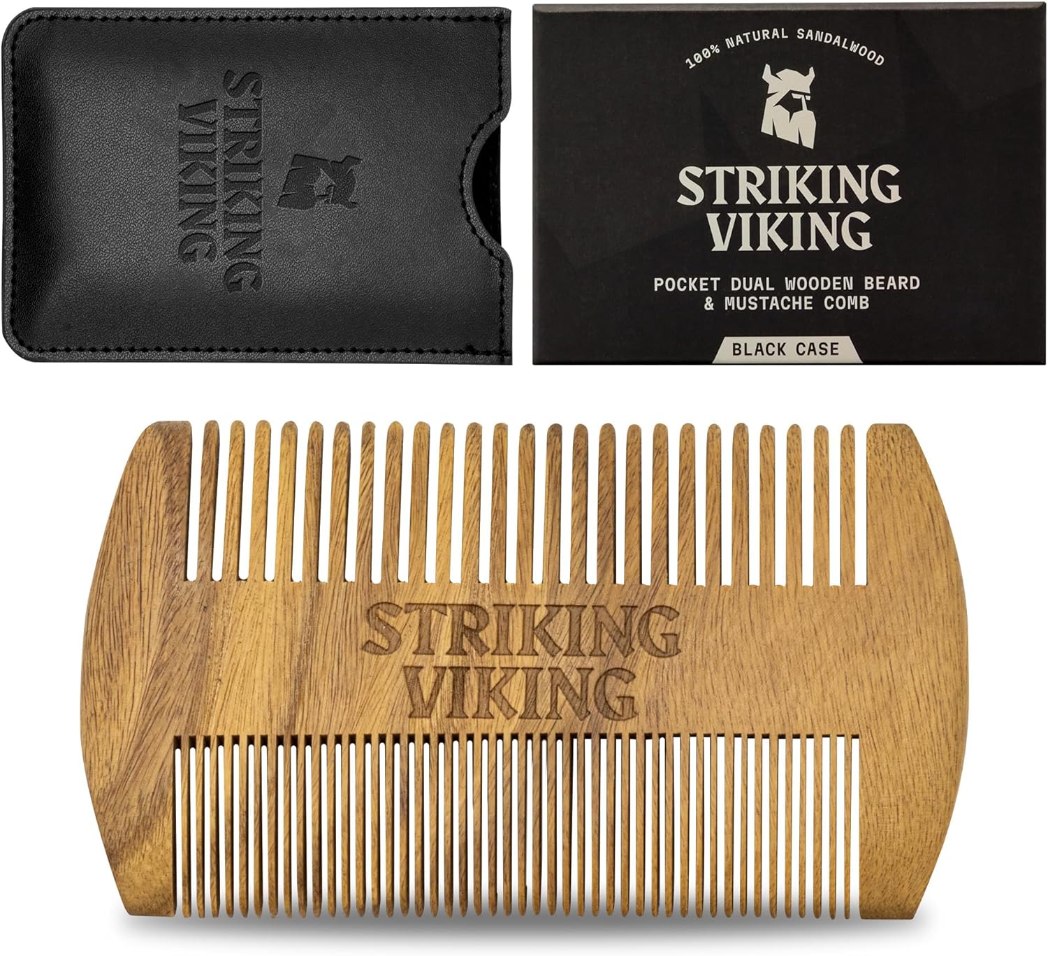 Sandalwood Beard Comb and Case - Pocket Sized Wooden Beard & Mustache Comb with Fine & Coarse Teeth - Perfect for Use with Balms and Oils - Striking Viking (Black)-0