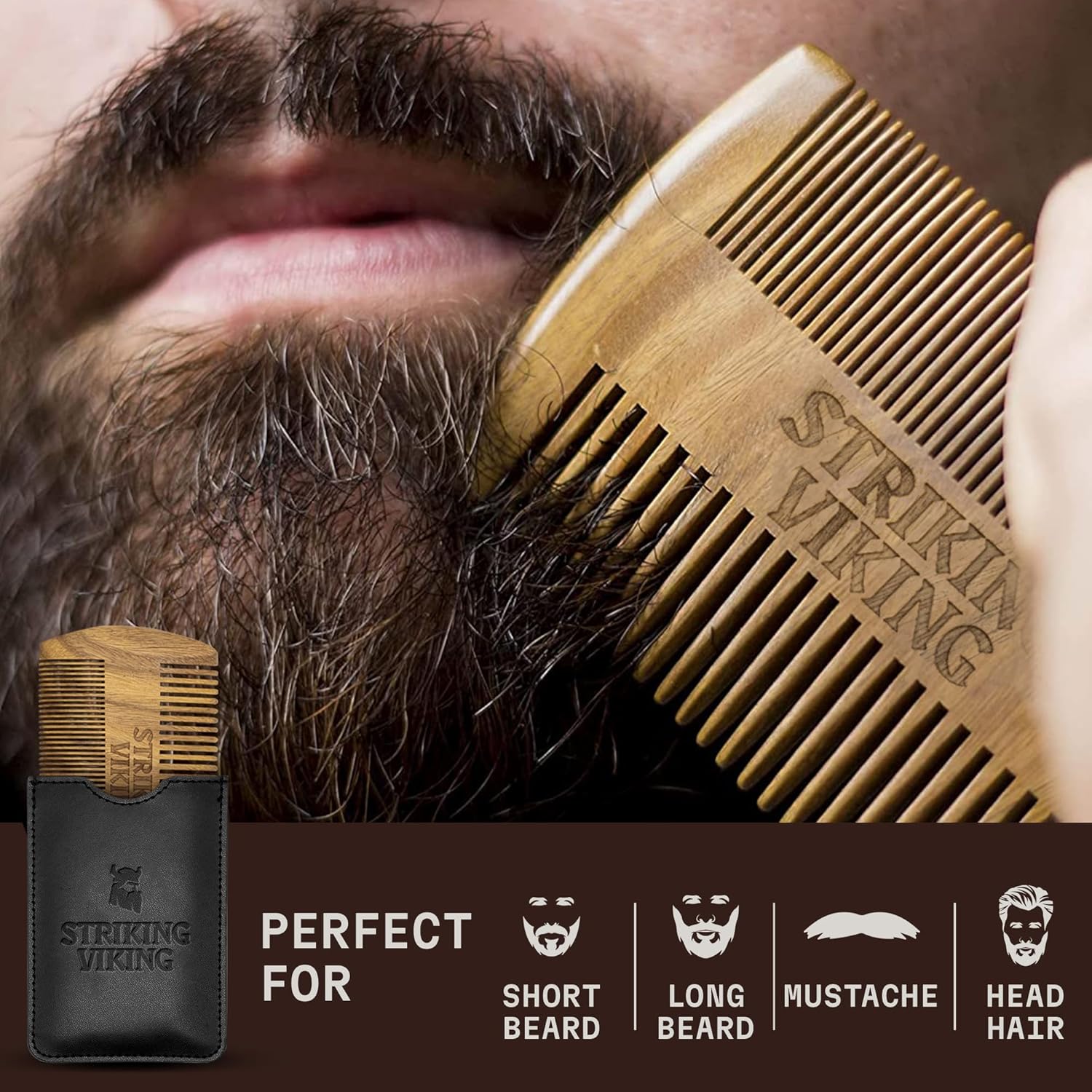 Sandalwood Beard Comb and Case - Pocket Sized Wooden Beard & Mustache Comb with Fine & Coarse Teeth - Perfect for Use with Balms and Oils - Striking Viking (Black)-1