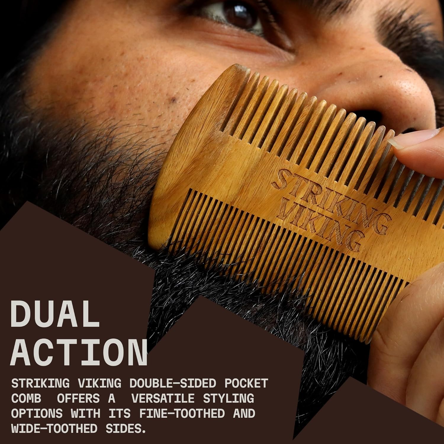 Sandalwood Beard Comb and Case - Pocket Sized Wooden Beard & Mustache Comb with Fine & Coarse Teeth - Perfect for Use with Balms and Oils - Striking Viking (Black)-4