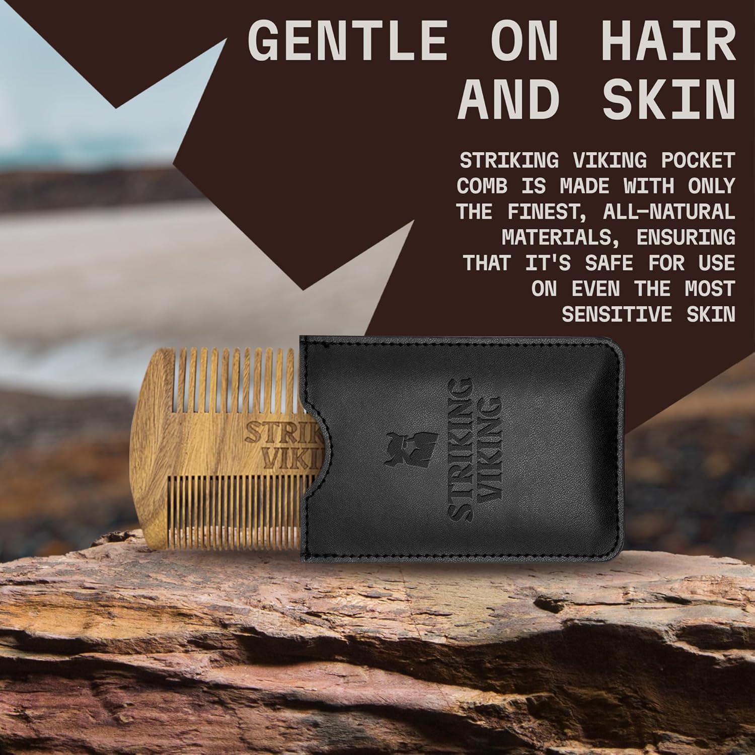 Sandalwood Beard Comb and Case - Pocket Sized Wooden Beard & Mustache Comb with Fine & Coarse Teeth - Perfect for Use with Balms and Oils - Striking Viking (Black)-5