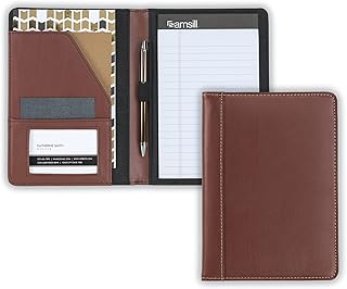 Samsill Contrast Stitch Leather Portfolio, Junior Size, 5 inch x 8 inch Writing Pad, Brown/Tan