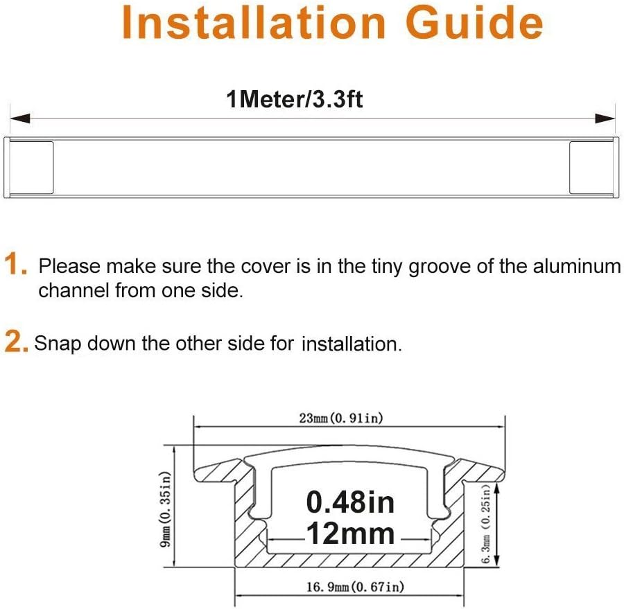 LightingWill LED Aluminum Profile 5-Pack 3.3ft 9x23mm Black U-Shape Internal Width 12mm Channel System with Cover, End Caps and Mounting Clips Aluminum Extrusion for LED Strip Light Installations-U01B5-3