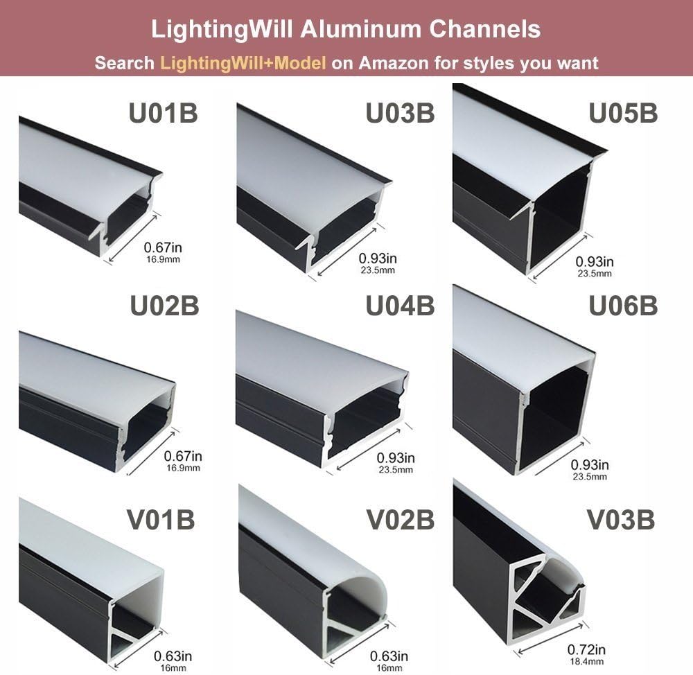 LightingWill LED Aluminum Profile 5-Pack 3.3ft 9x23mm Black U-Shape Internal Width 12mm Channel System with Cover, End Caps and Mounting Clips Aluminum Extrusion for LED Strip Light Installations-U01B5-5