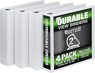 Samsill Durable 2 Inch Binder, Made in The USA, D Ring Customizable Clear View Binder, White, 4 Pack, Holds 480 Pages