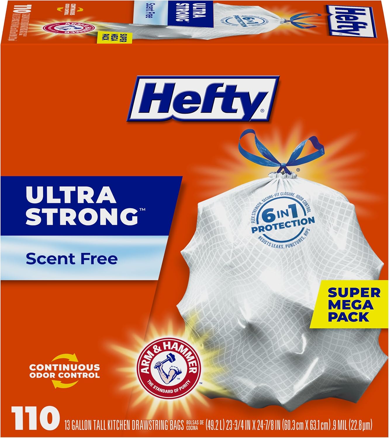 Hefty Ultra Strong Trash Bags (Scent Free, Tall Kitchen Drawstring, 13 Gallon, 110 Count)-0