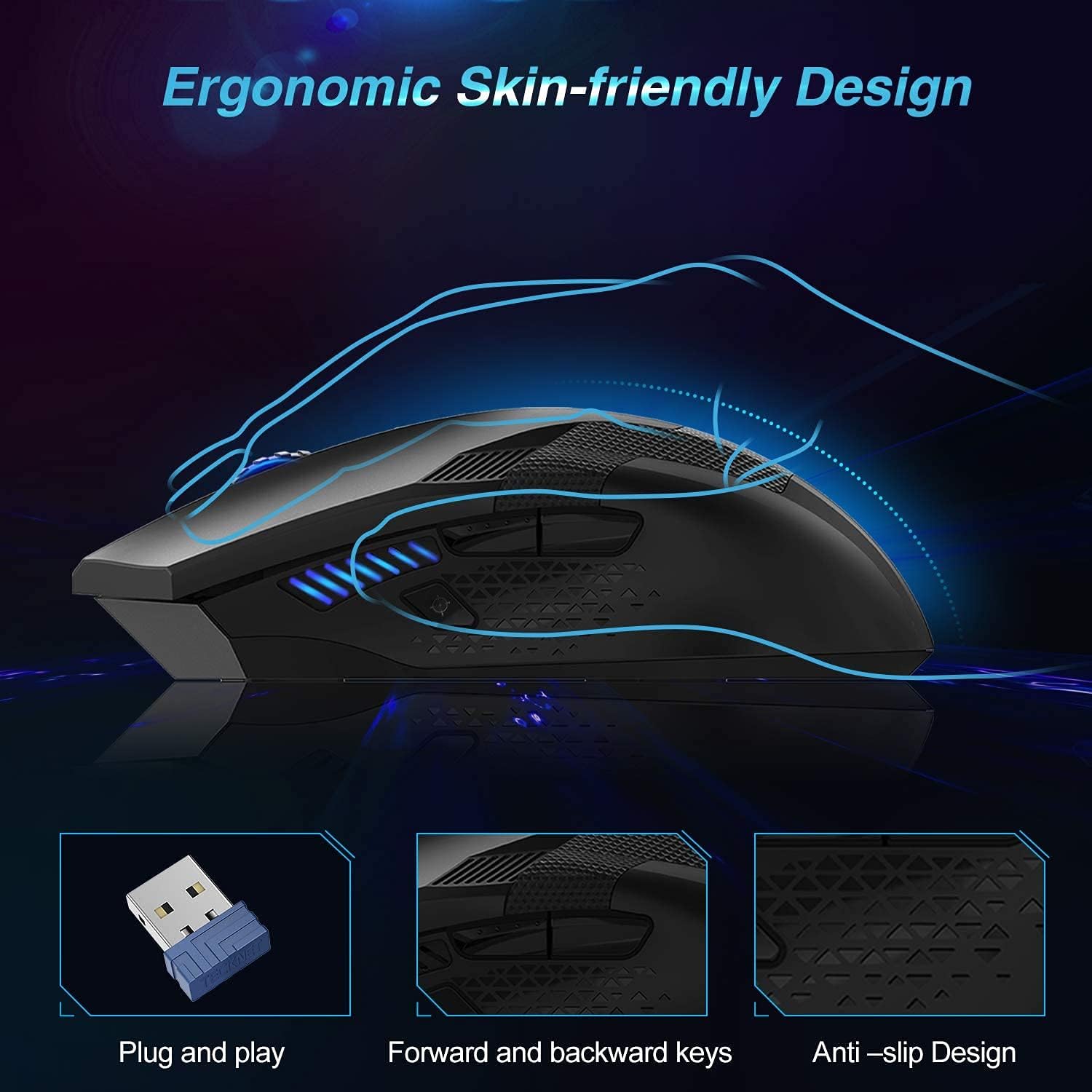 TECKNET Wireless Gaming Mouse 2.4G Optical USB Computer Mice, 8 Buttons, 4800DPI Nano Receiver for Win11, Win10, Win8, Win7, Windows XP, Vista, MAC-3