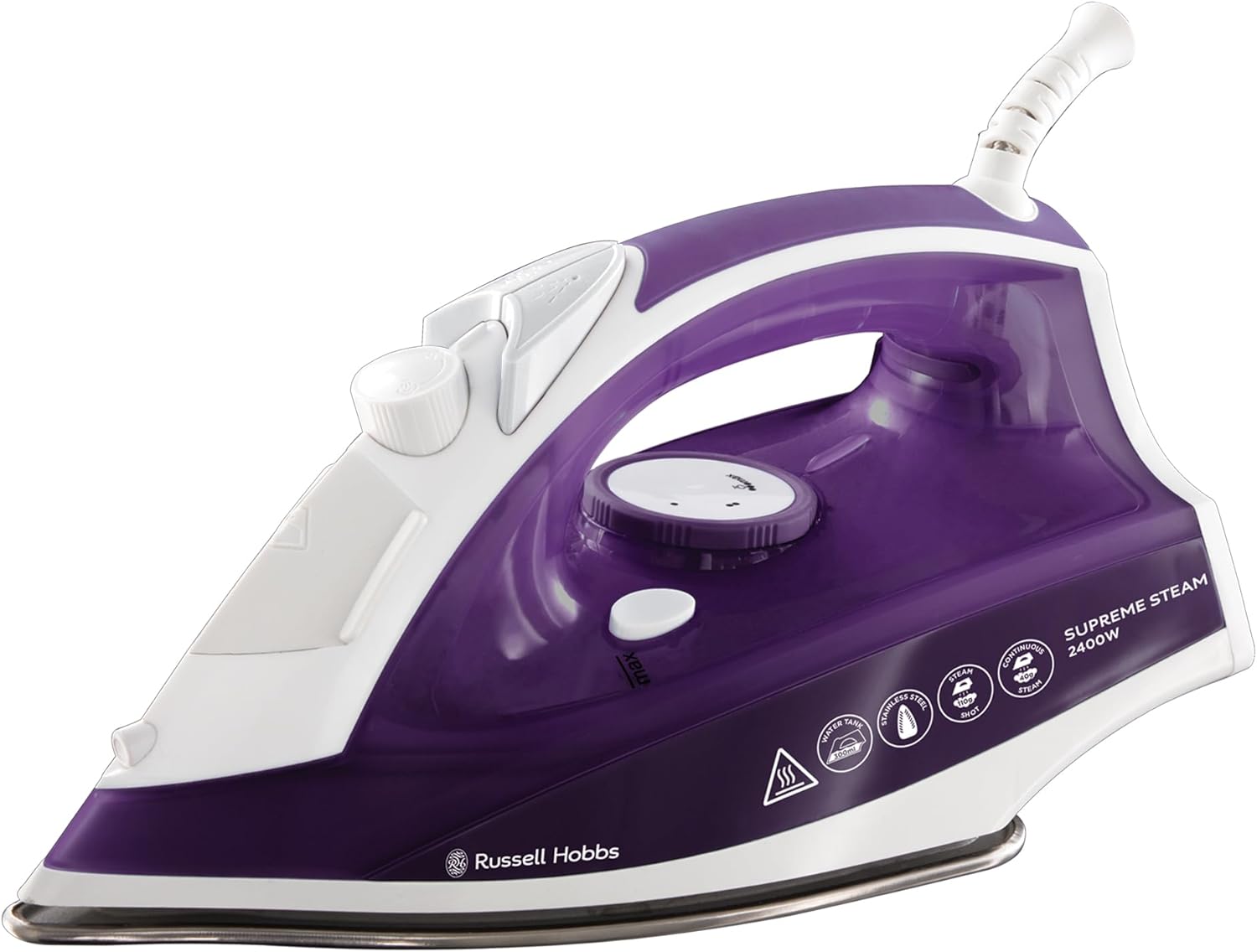 Russell Hobbs Supreme Steam Iron, Powerful vertical steam function, Non-stick stainless steel soleplate, Easy fill 300ml Water Tank, 110g Steam Shot, 40g Continuous steam, 2m Cord, 2400W, 23060-0