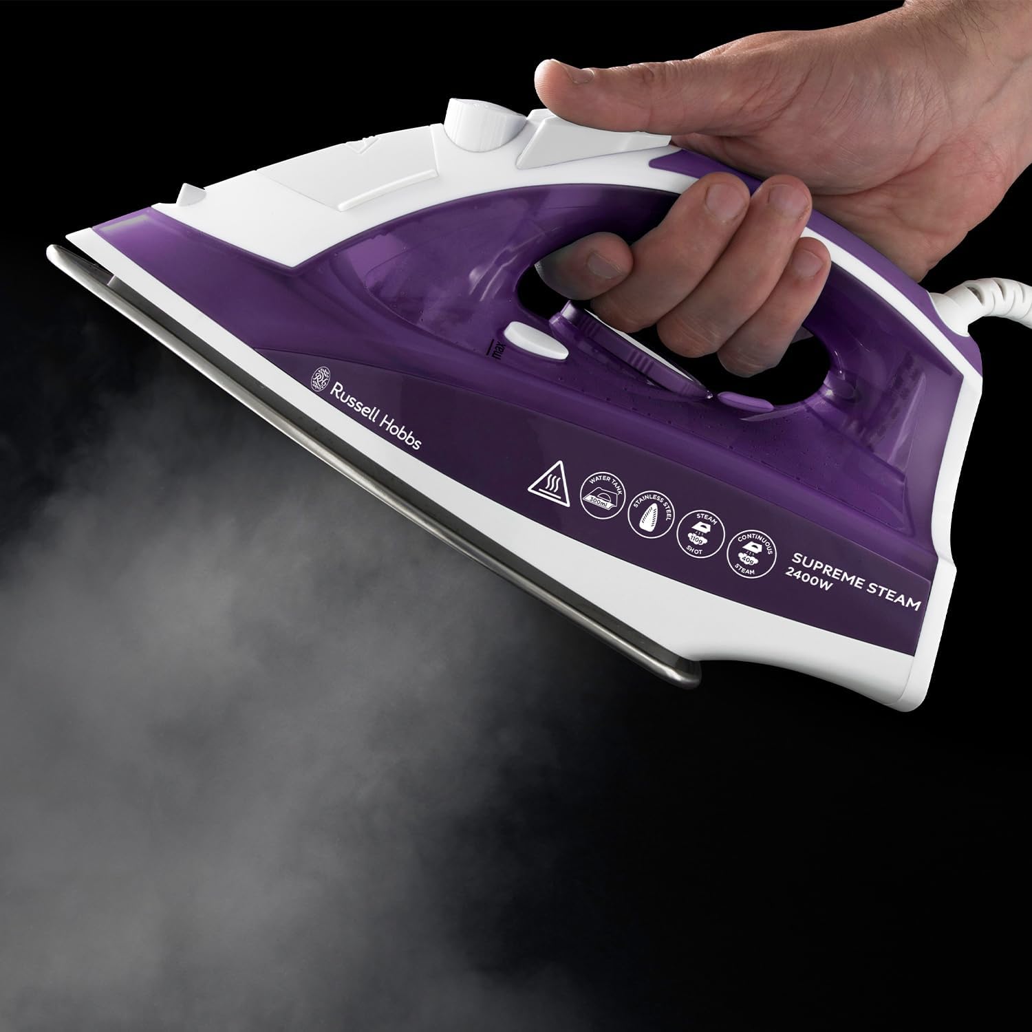 Russell Hobbs Supreme Steam Iron, Powerful vertical steam function, Non-stick stainless steel soleplate, Easy fill 300ml Water Tank, 110g Steam Shot, 40g Continuous steam, 2m Cord, 2400W, 23060-5