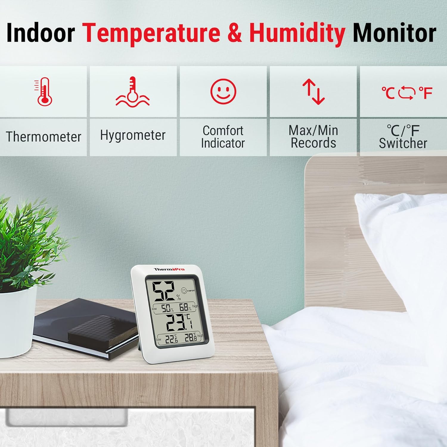 ThermoPro TP50 Digital Thermo-Hygrometer Indoor Room Thermometer with Recording and Climate Indicator for Room, Climate Control Monitor-2