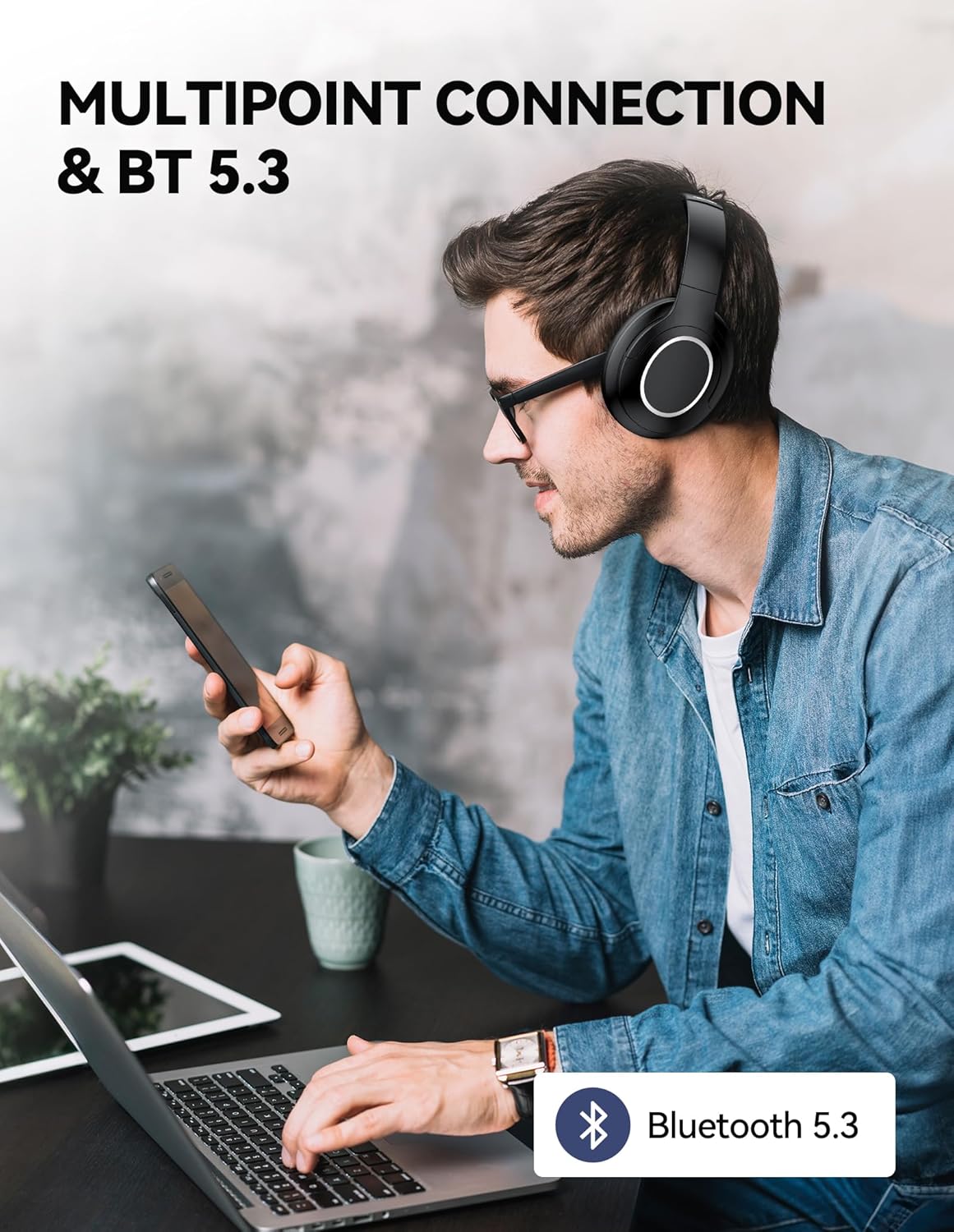 TECKNET Bluetooth Headphones Over Ear, 70 Hours Playtime and 6 EQ Modes Wireless Headphones Over Ear, Built-in Mic & HiFi Stereo, Lightweight, Foldable Wireless Headphones for Travel/Work/Phone/PC-3