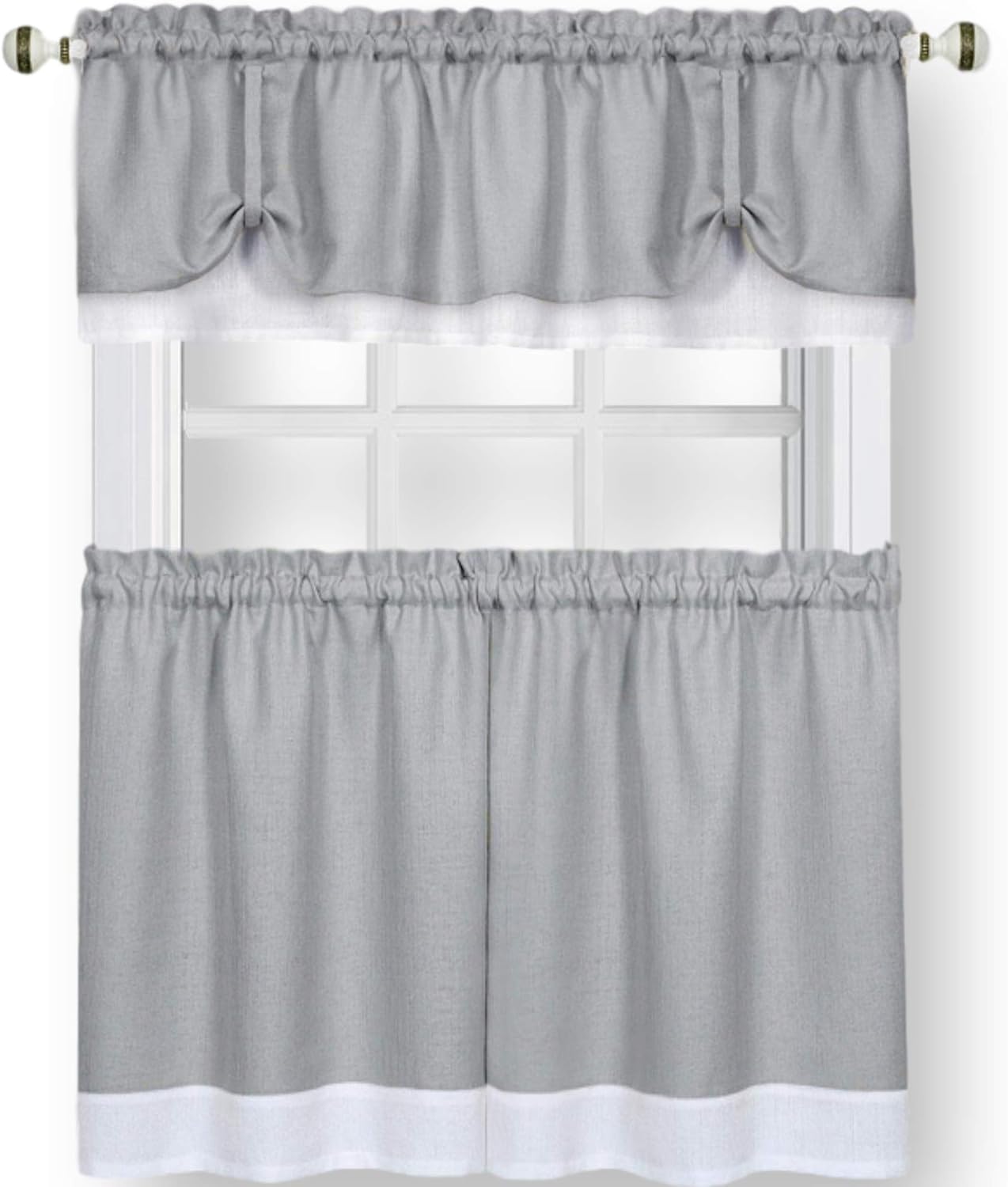 Achim Home Furnishings Soft Window Tier & Valance Set, Polyester, Grey/White, 58 x 36/58 x 14-0