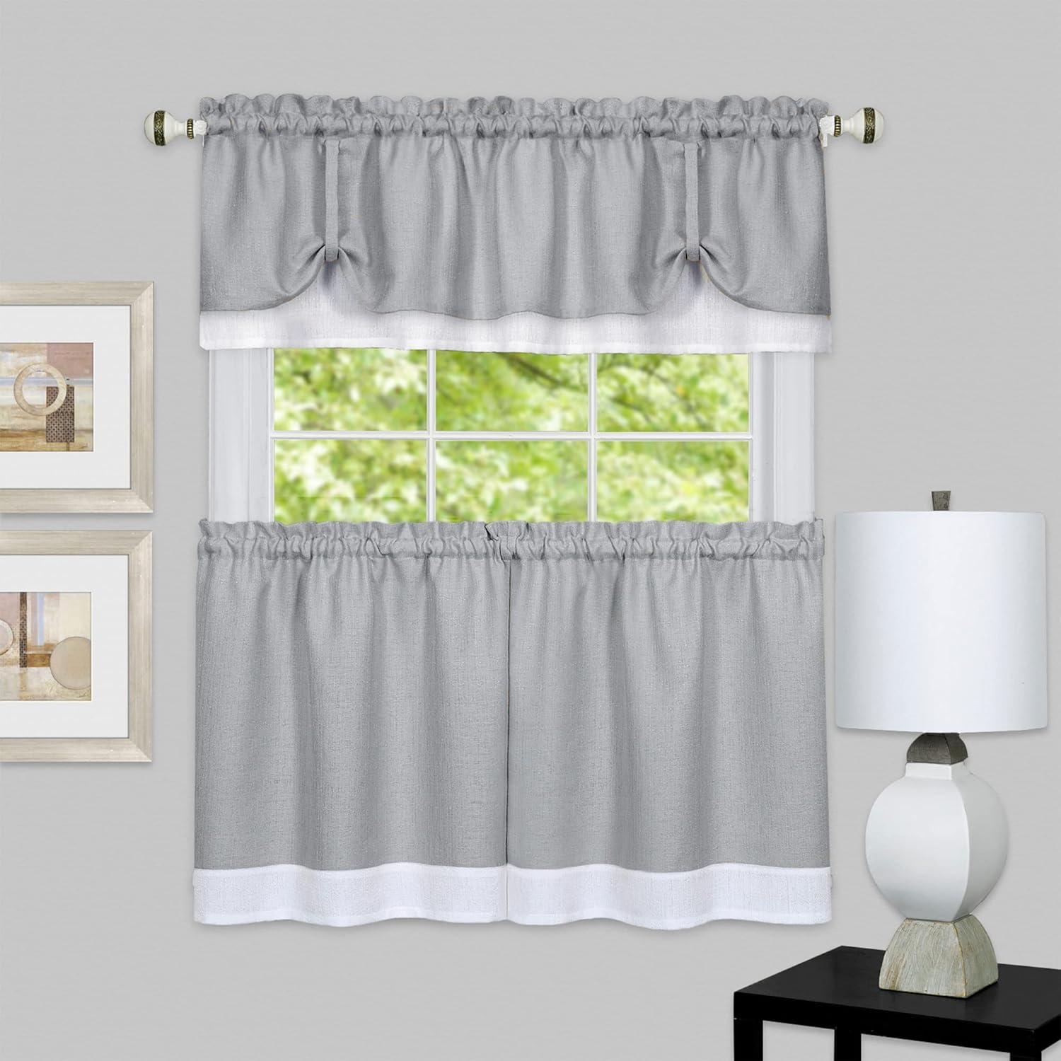 Achim Home Furnishings Soft Window Tier & Valance Set, Polyester, Grey/White, 58 x 36/58 x 14-1