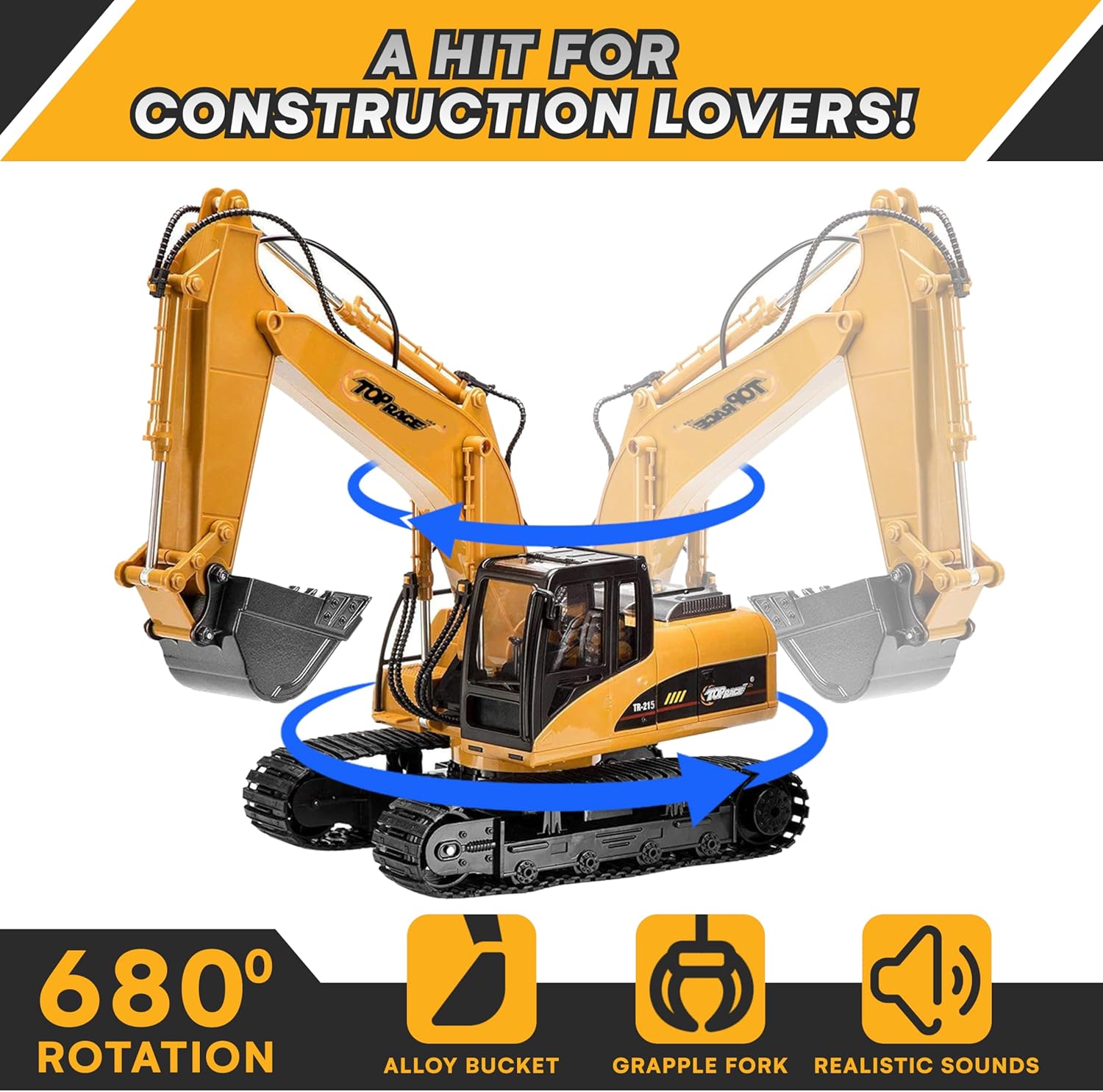 Top Race Remote Control Digger Excavator 15 Channel Professional 1:14 Construction Toy with Lights and Sound - Boys and Girls, Age 12+-4