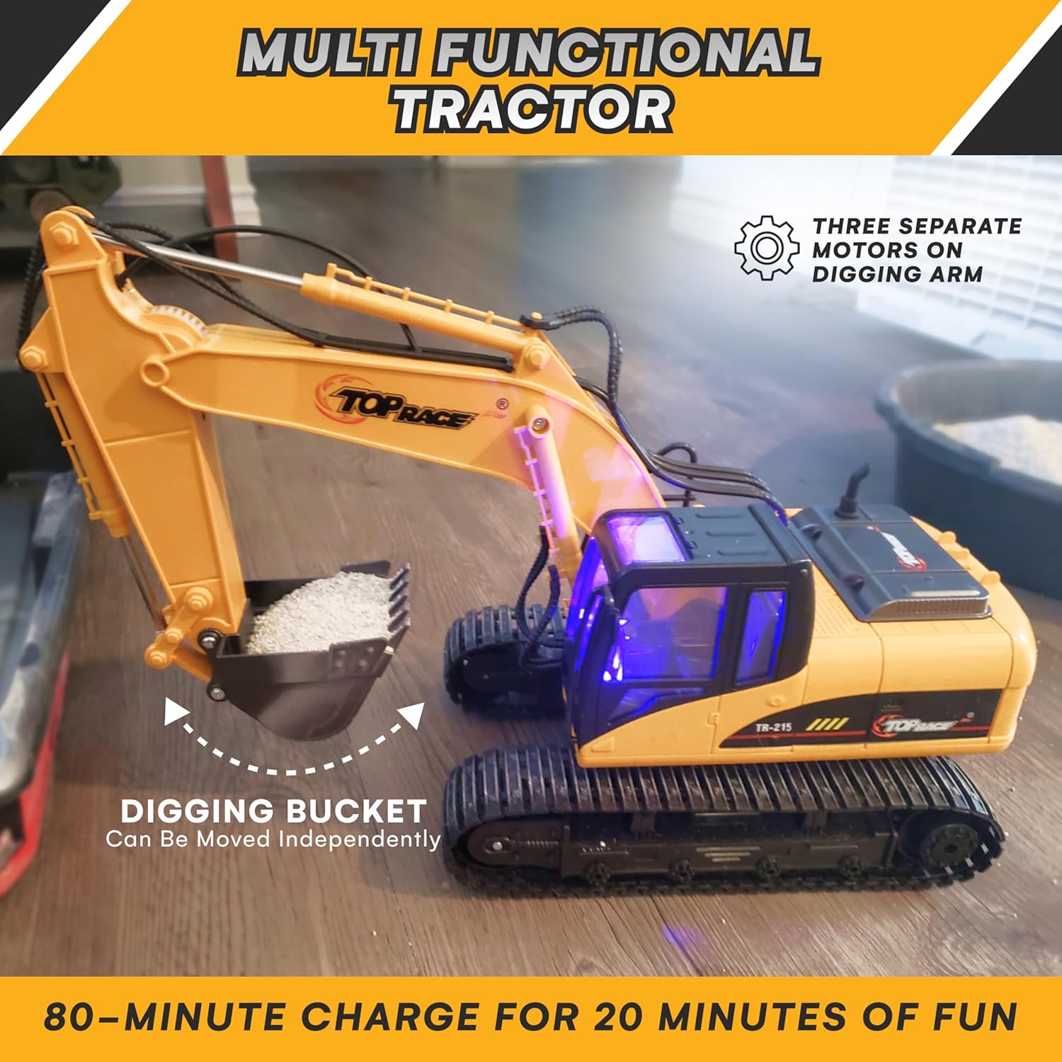 Top Race Remote Control Digger Excavator 15 Channel Professional 1:14 Construction Toy with Lights and Sound - Boys and Girls, Age 12+-5