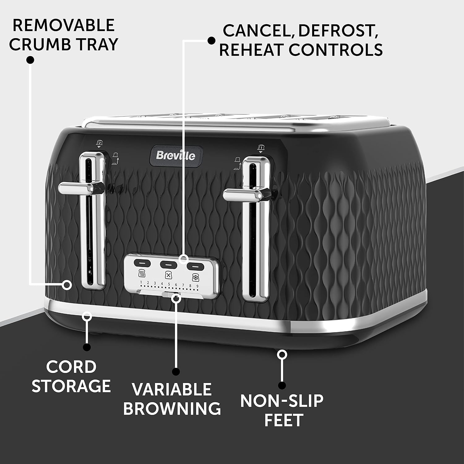 Breville Curve 4-Slice Toaster with High Lift and Wide Slots | Black & Chrome [VTT786]-4